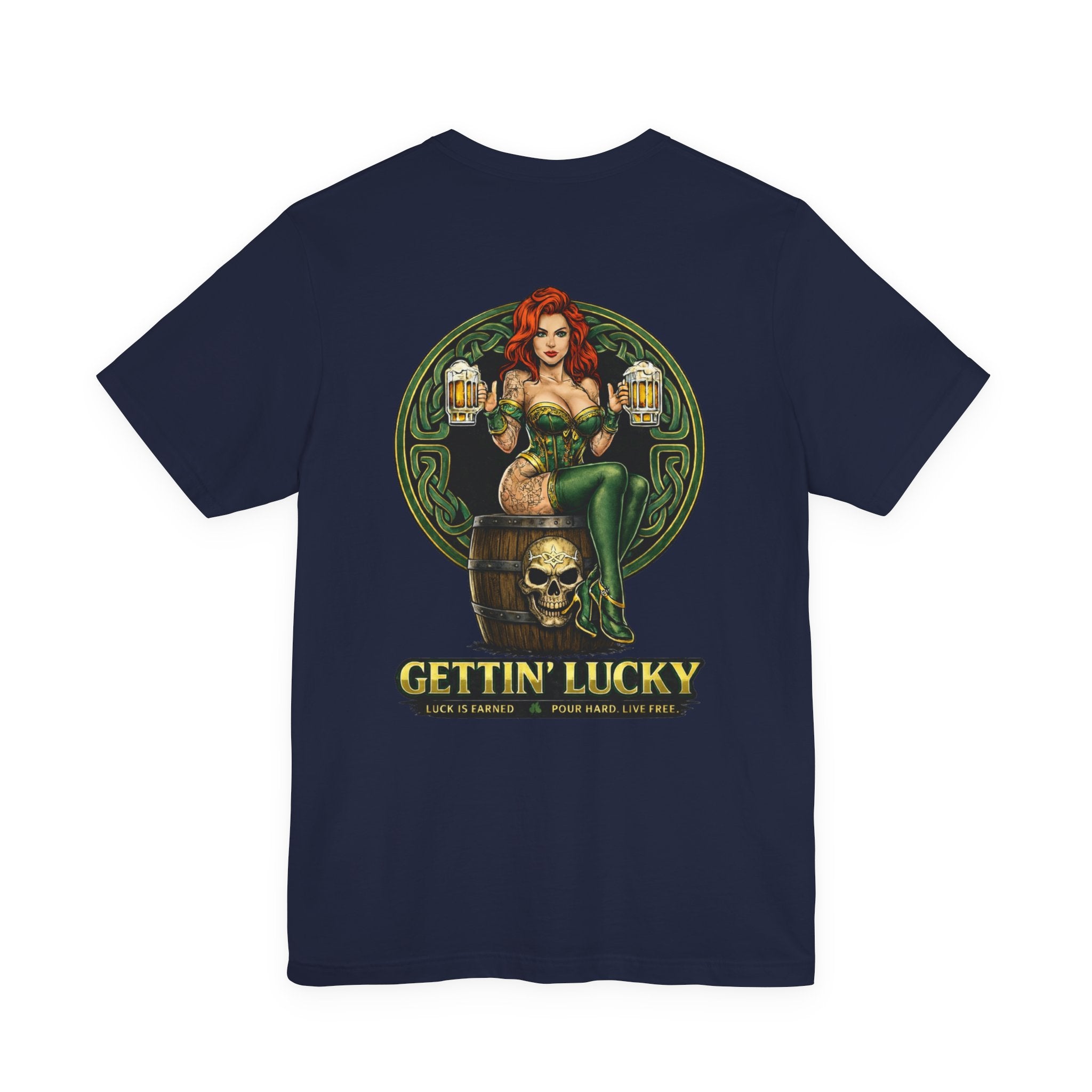 Gettin' Lucky St. Patrick's T-Shirt — Pinup Skull Irish Beer Graphic Tee