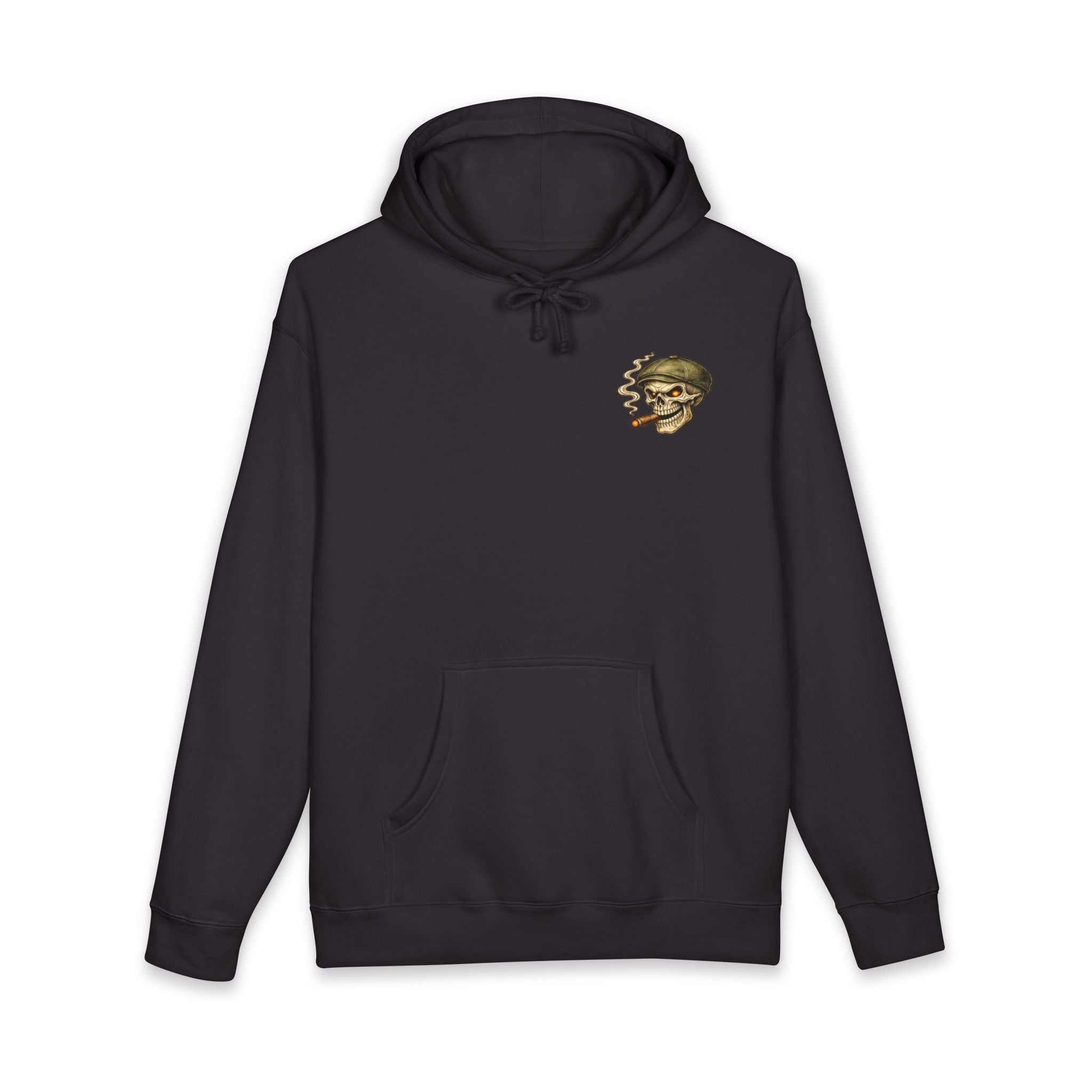 Skull Cigar Hoodie with bold skull and cigar graphic on muted camo pullover for men