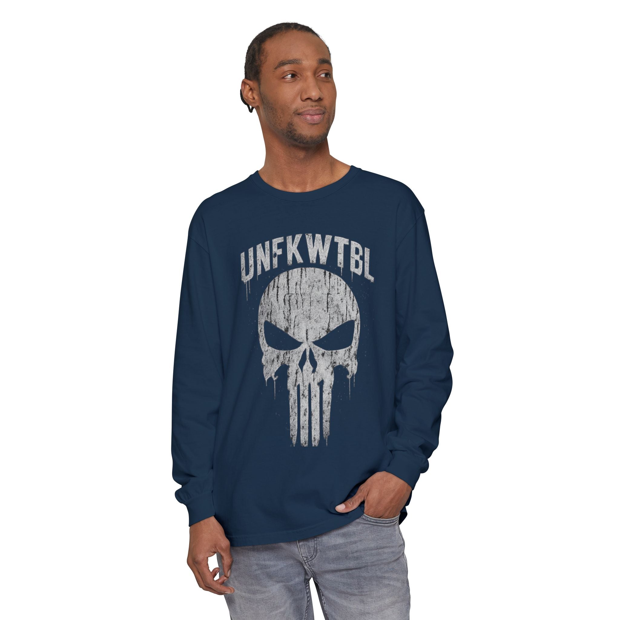 Punisher Skull Long Sleeve Tee — 'UNFKWTBL' Distressed Graphic
