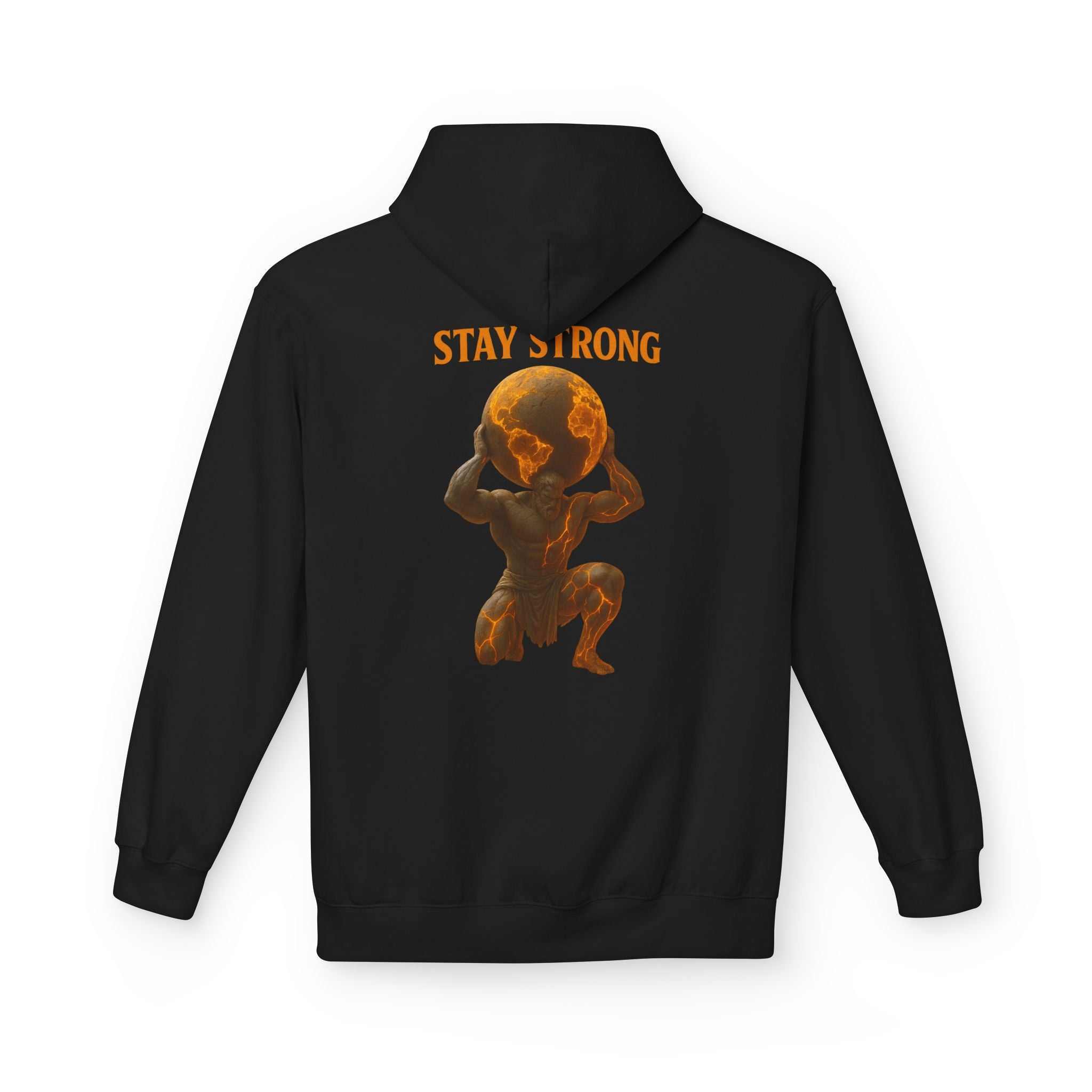 Stay Strong Atlas Hoodie with mythic strength design and cozy fit