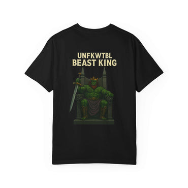 Unisex garment-dyed black t-shirt with Beast King graphic and text design