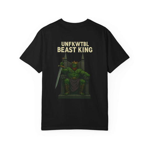 Unisex garment-dyed black t-shirt with Beast King graphic and text design
