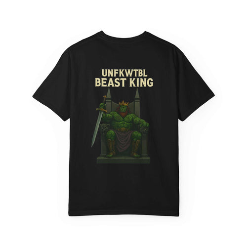 Unisex garment-dyed black t-shirt with Beast King graphic and text design