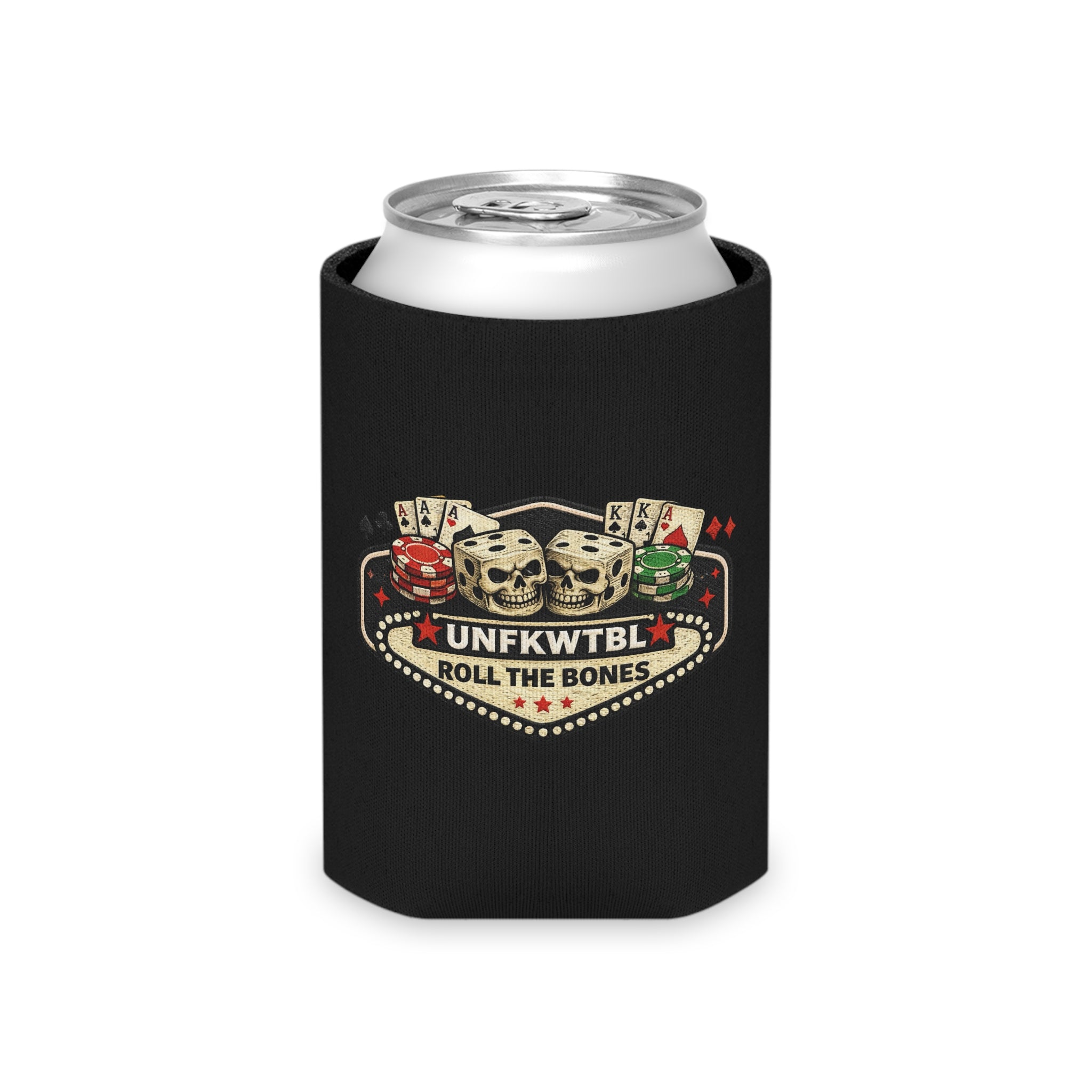 Can Cooler — 'Stay Cold, Remain UNFKWTBL' Skull & Dice Beer Koozie
