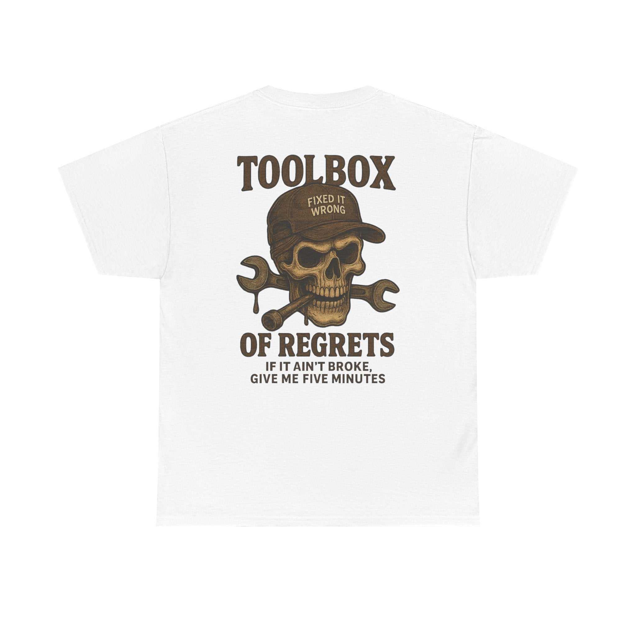 Toolbox of Regrets t-shirt with vintage skull and wrenches graphic on back, black crew-neck tee
