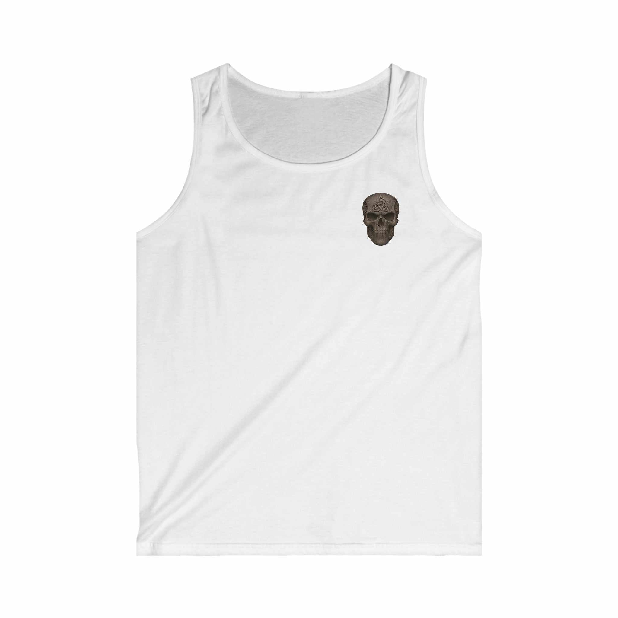 White tank top with small skull design on chest, seamless 100% ringspun cotton fabric, lightweight and comfortable.