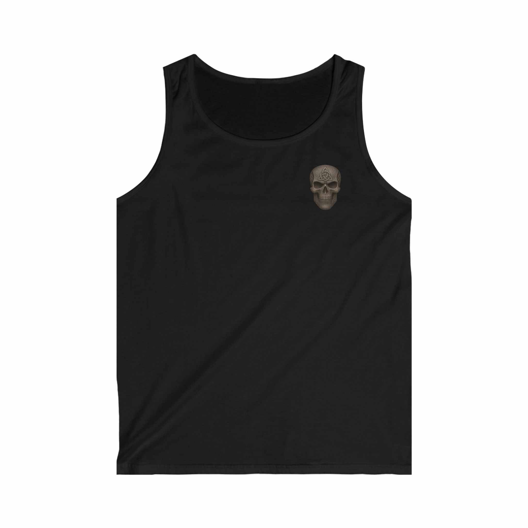 Black tank top with small skull design on chest, Hellhound Good Won't Get Into Hell theme, lightweight cotton material