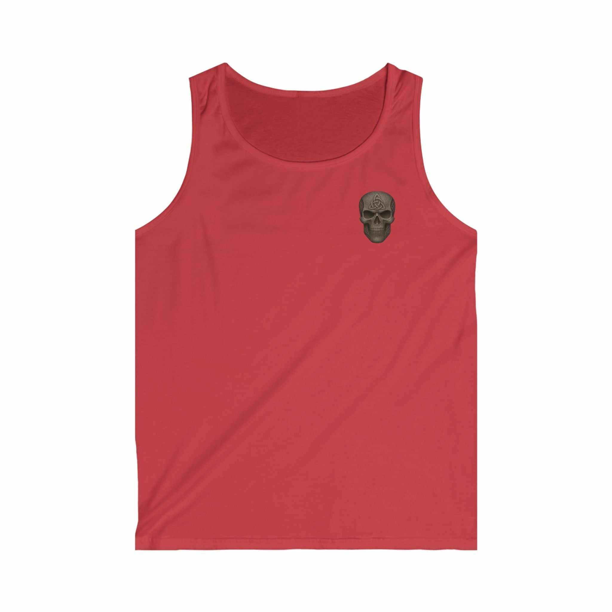 Red tank top with small black skull design on chest, seamless 100% ringspun cotton fabric, lightweight and fitted style.