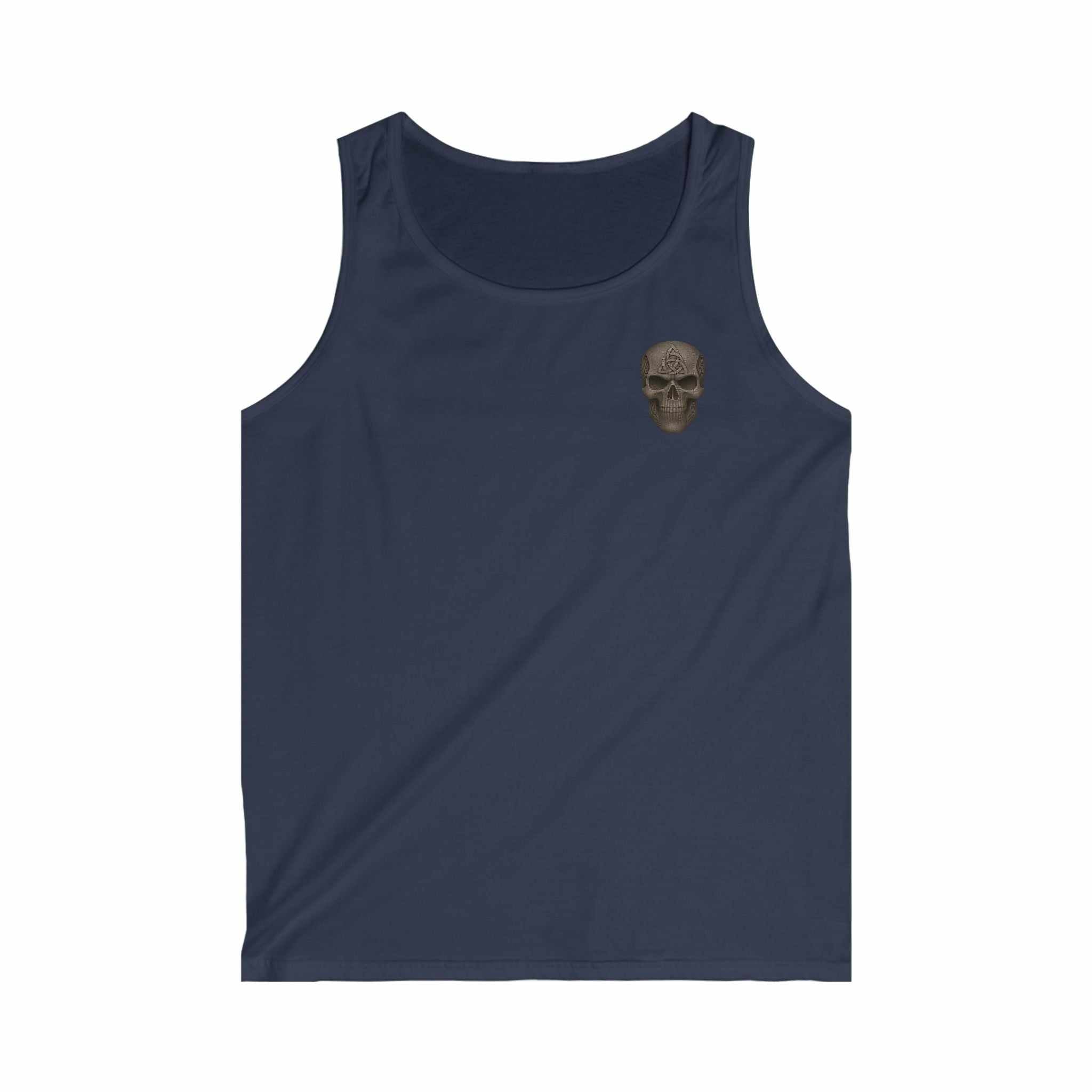 Navy tank top with small skull design on chest, lightweight 100% cotton, seamless edgy style.