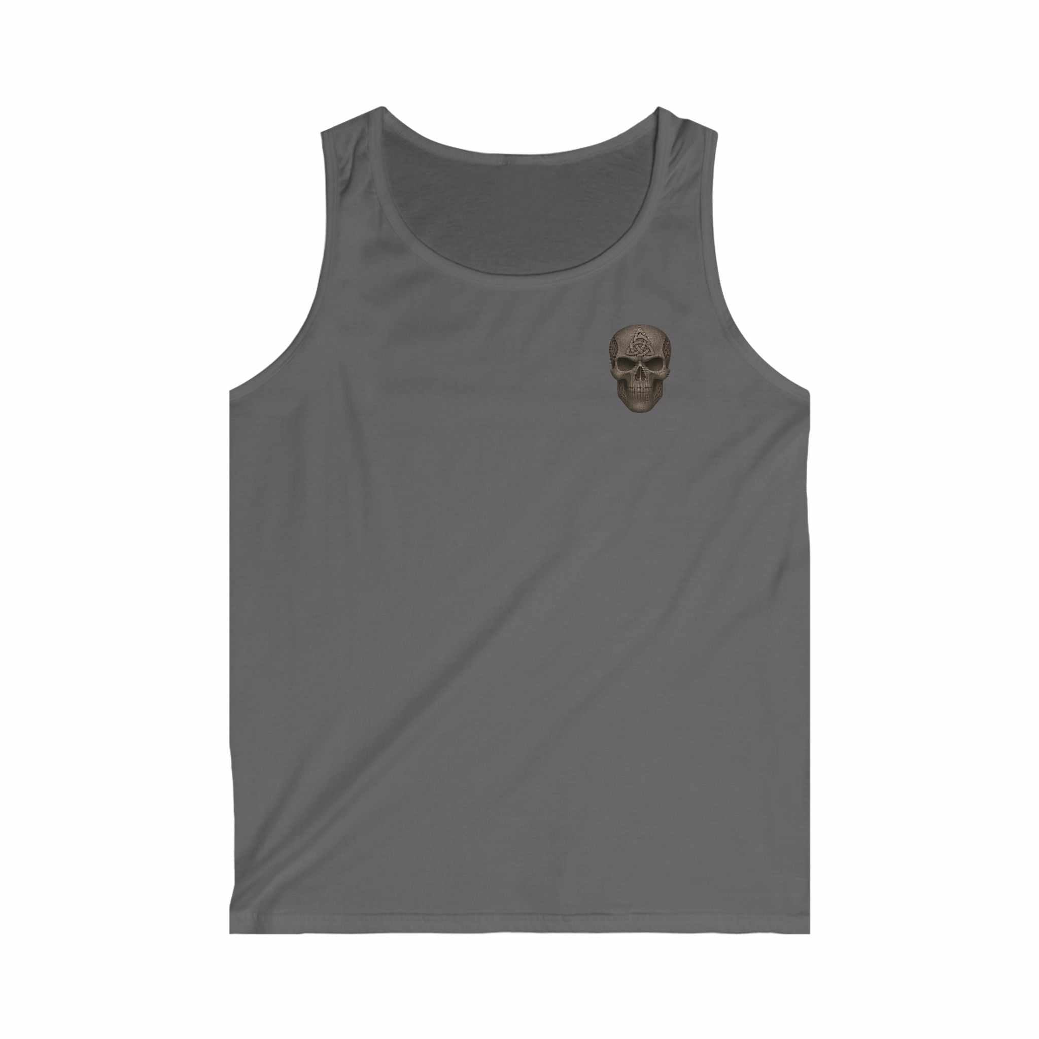 Gray tank top with small skull design on chest, made of 100% ringspun cotton, lightweight and seamless.