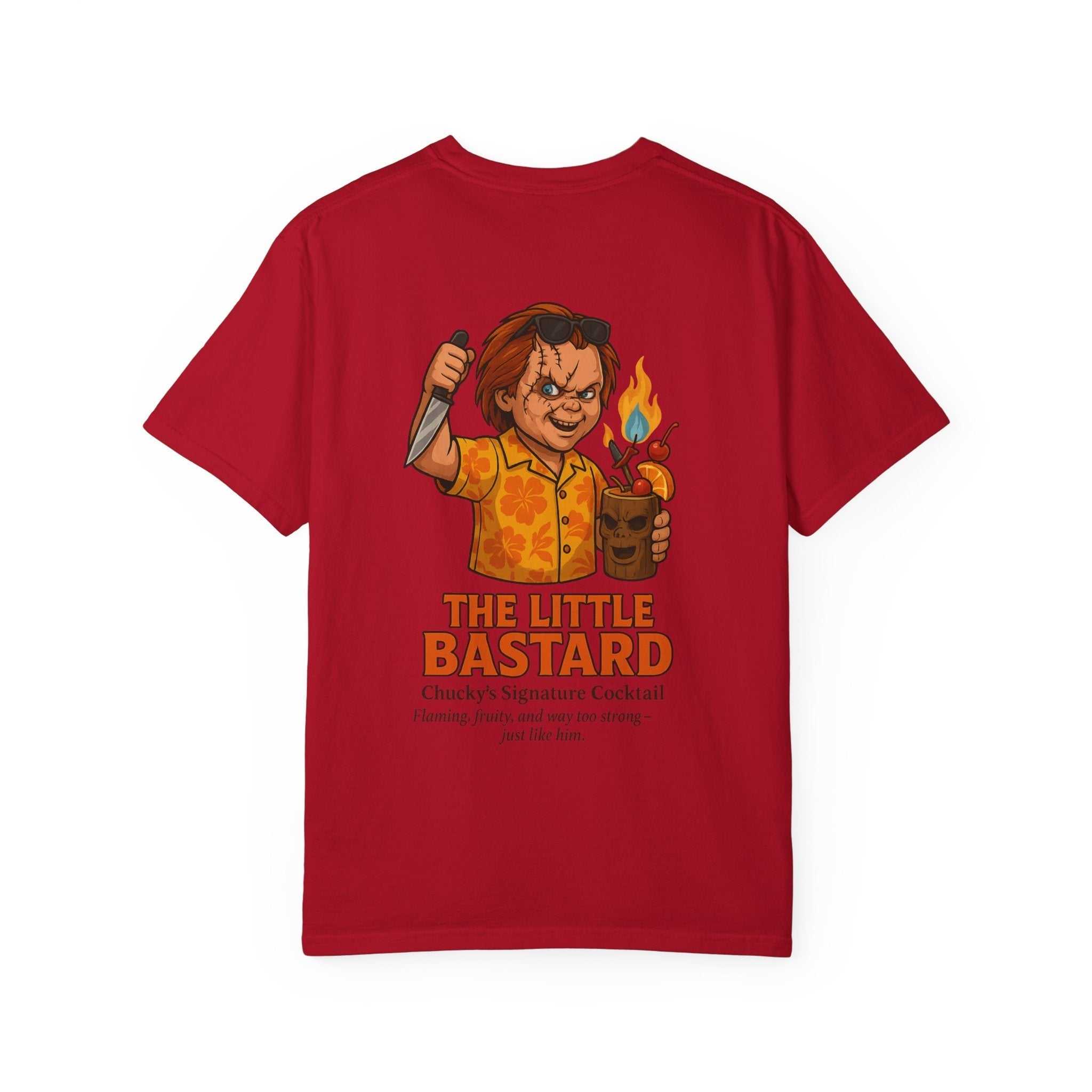 Red Chucky Cocktail Unisex T-shirt featuring cartoon Chucky holding a flaming cocktail and knife with "The Little Bastard" text.