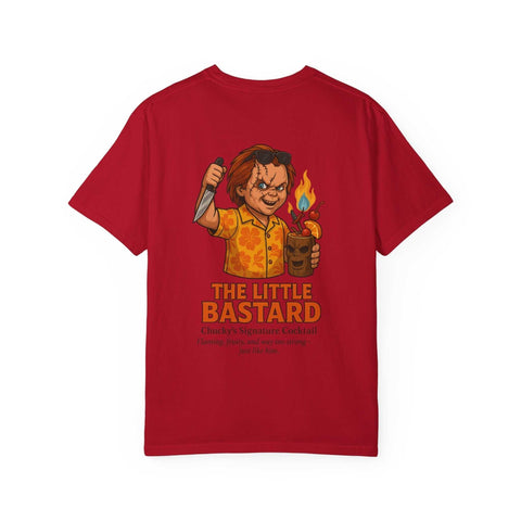 Red Chucky Cocktail Unisex T-shirt featuring cartoon Chucky holding a flaming cocktail and knife with "The Little Bastard" text.