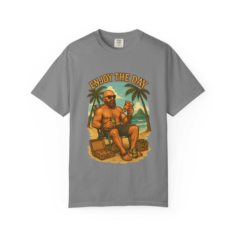 Gray relaxed fit Atlas Enjoy the Day graphic t-shirt featuring a beach scene with a man relaxing by palm trees