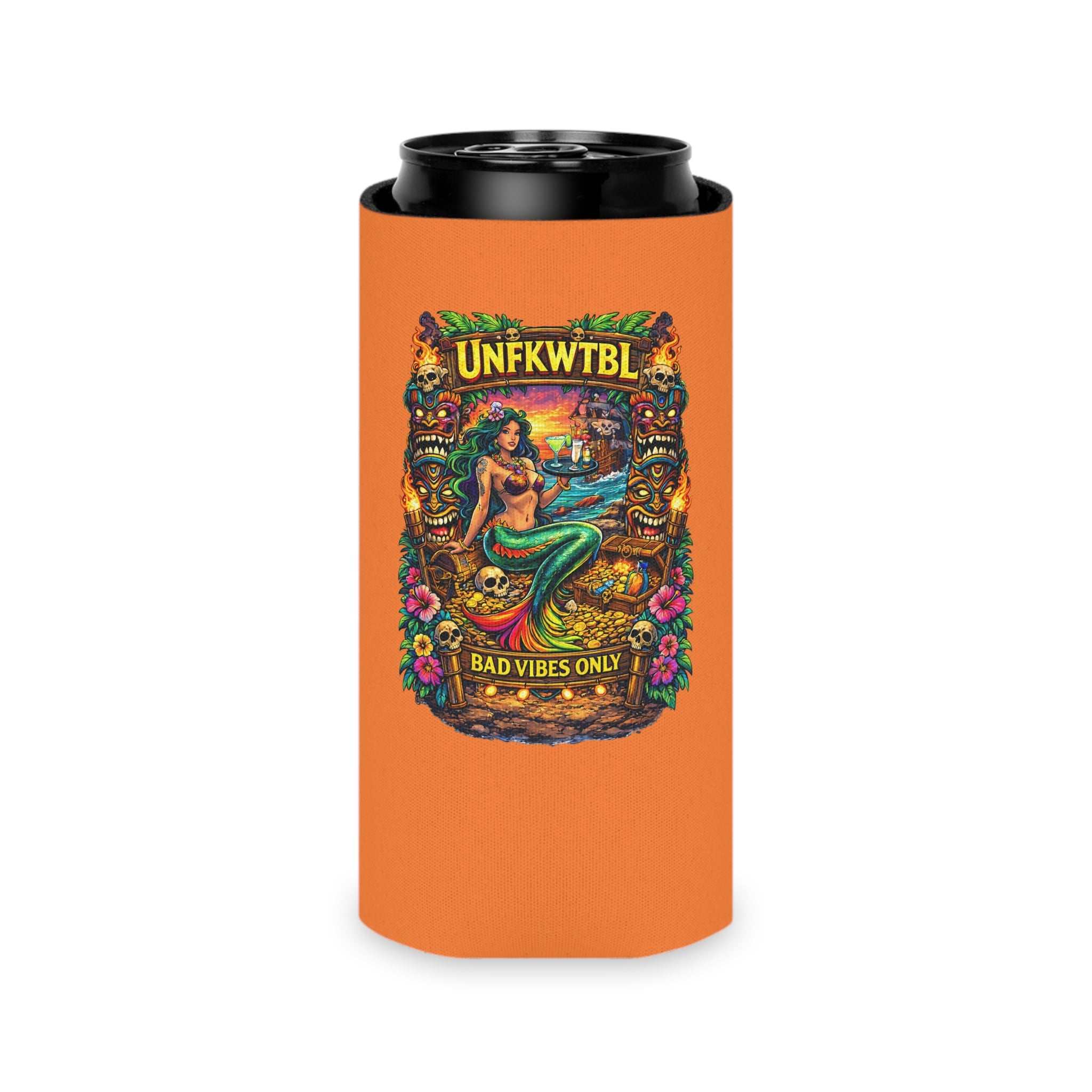 Tropical mermaid can cooler with 'UNFKWTBL Bad Vibes Only' and 'Stay Cold' design keeping canned drinks cold and stylish
