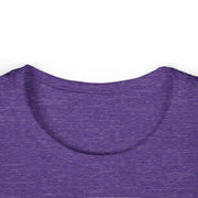 Purple women's tee neckline close-up with ribbed knit collar and soft fabric texture