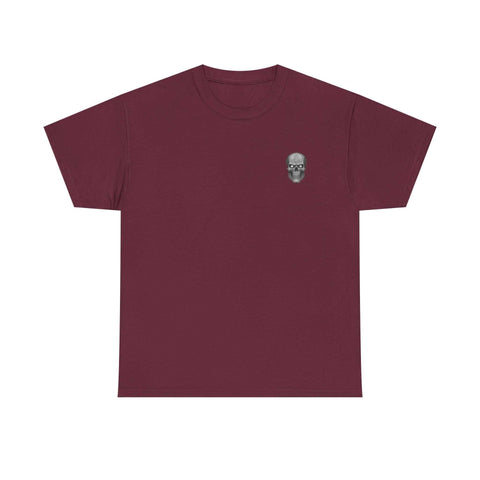Maroon T-shirt with small skull and sword design symbolizing honor, strength, and courage