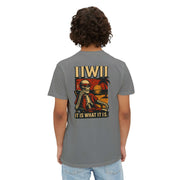 Back view of a man wearing a gray Skeleton Sunset Gangster Design t-shirt with a skeleton smoking and sunset background graphic.