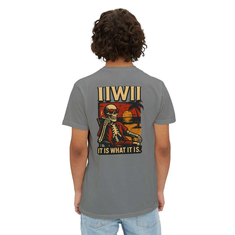 Back view of a man wearing a gray Skeleton Sunset Gangster Design t-shirt with a skeleton smoking and sunset background graphic.