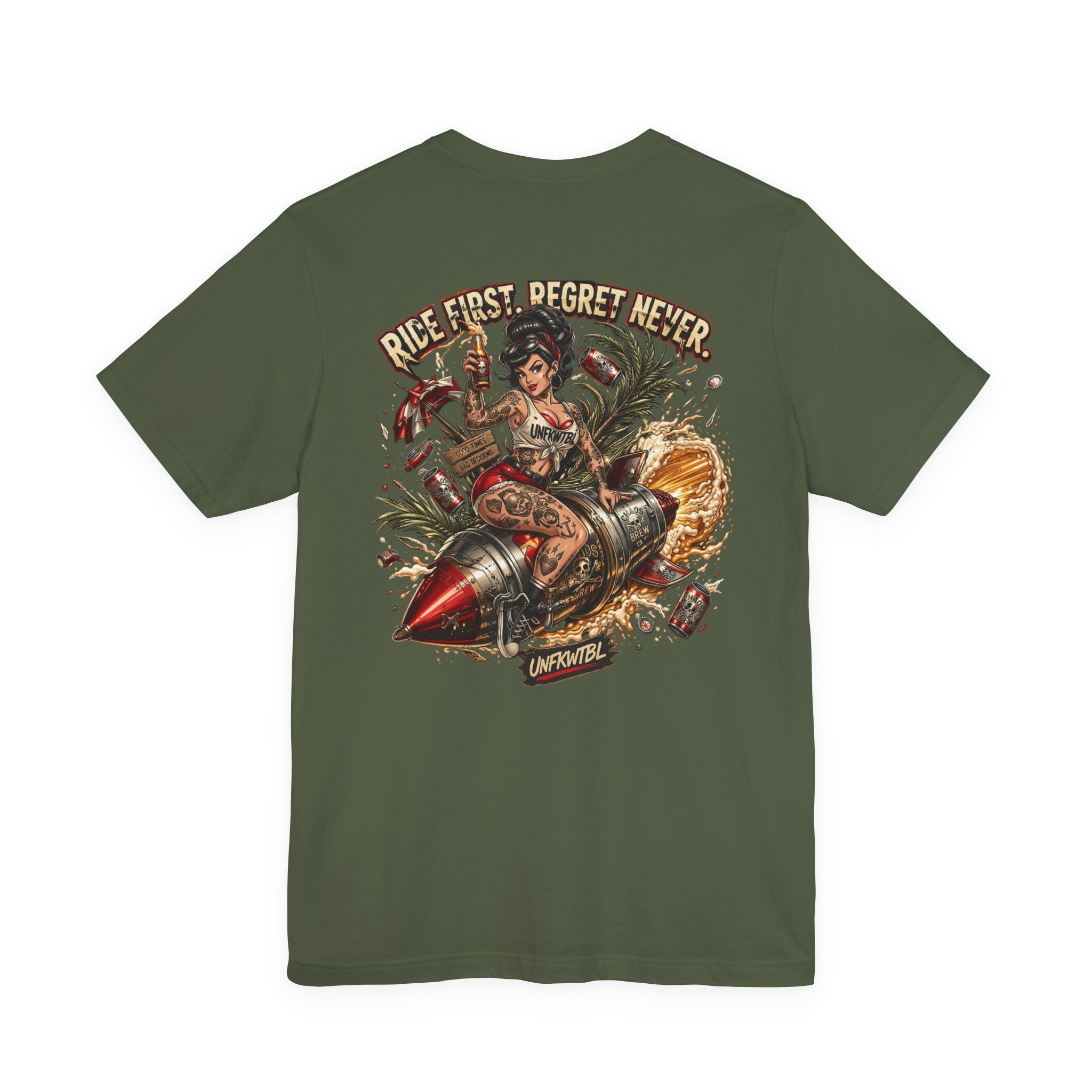 Ride First Regret Never Tee — Vintage Pinup Bomb Girl Motorcycle Graphic Shirt