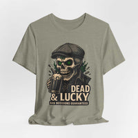 Dead & Lucky Skull Tee with grinning skull graphic and bold text on lightweight cotton t-shirt
