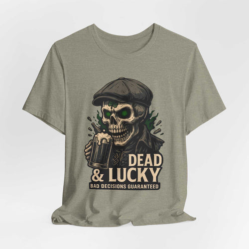 Dead & Lucky Skull Tee with grinning skull graphic and bold text on lightweight cotton t-shirt