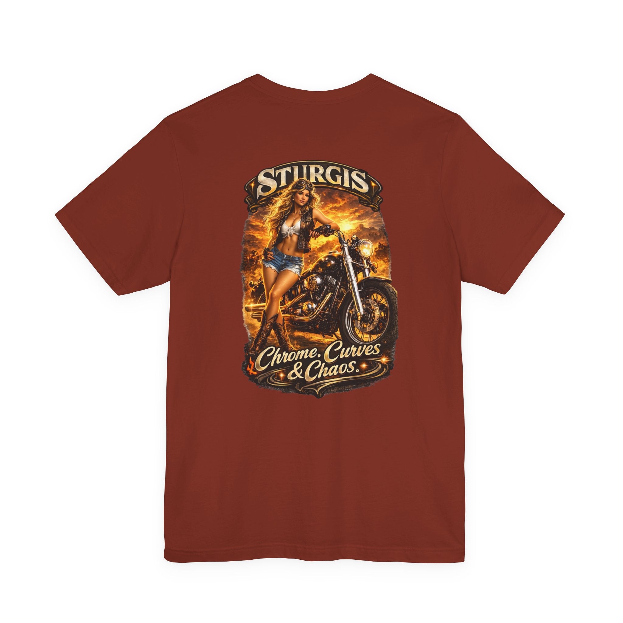 Sturgis Motorcycle Tee — "Chrome, Curves & Chaos" Biker Graphic Shirt