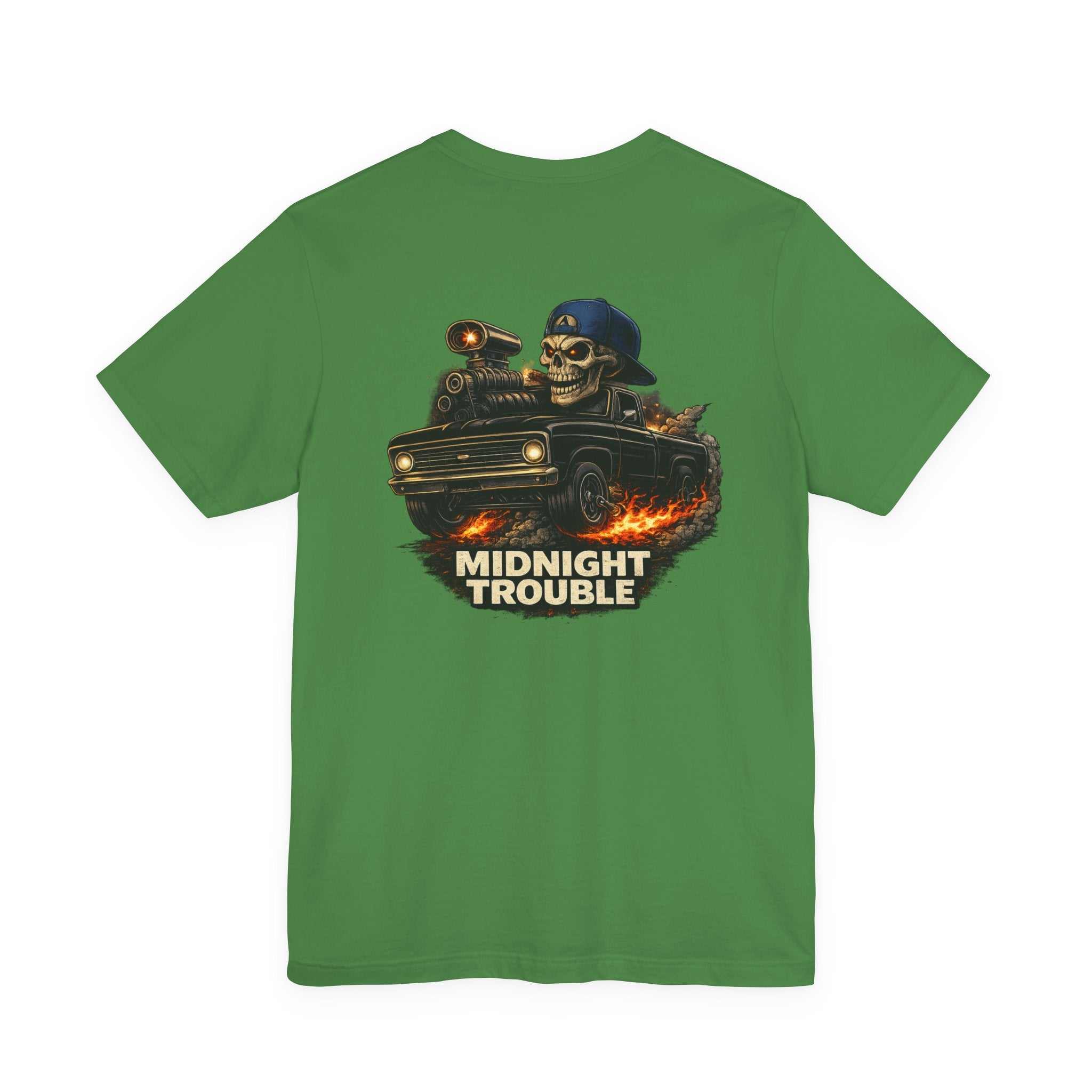 Midnight Trouble Skull Car Tee with vintage truck and skull design on breathable cotton shirt