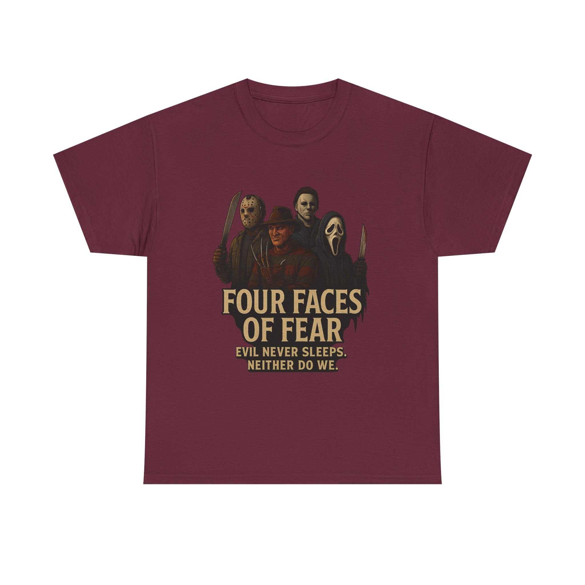 Horror Villains Tee featuring faces of Michael, Freddy, Jason, and Ghostface on unisex black T-shirt