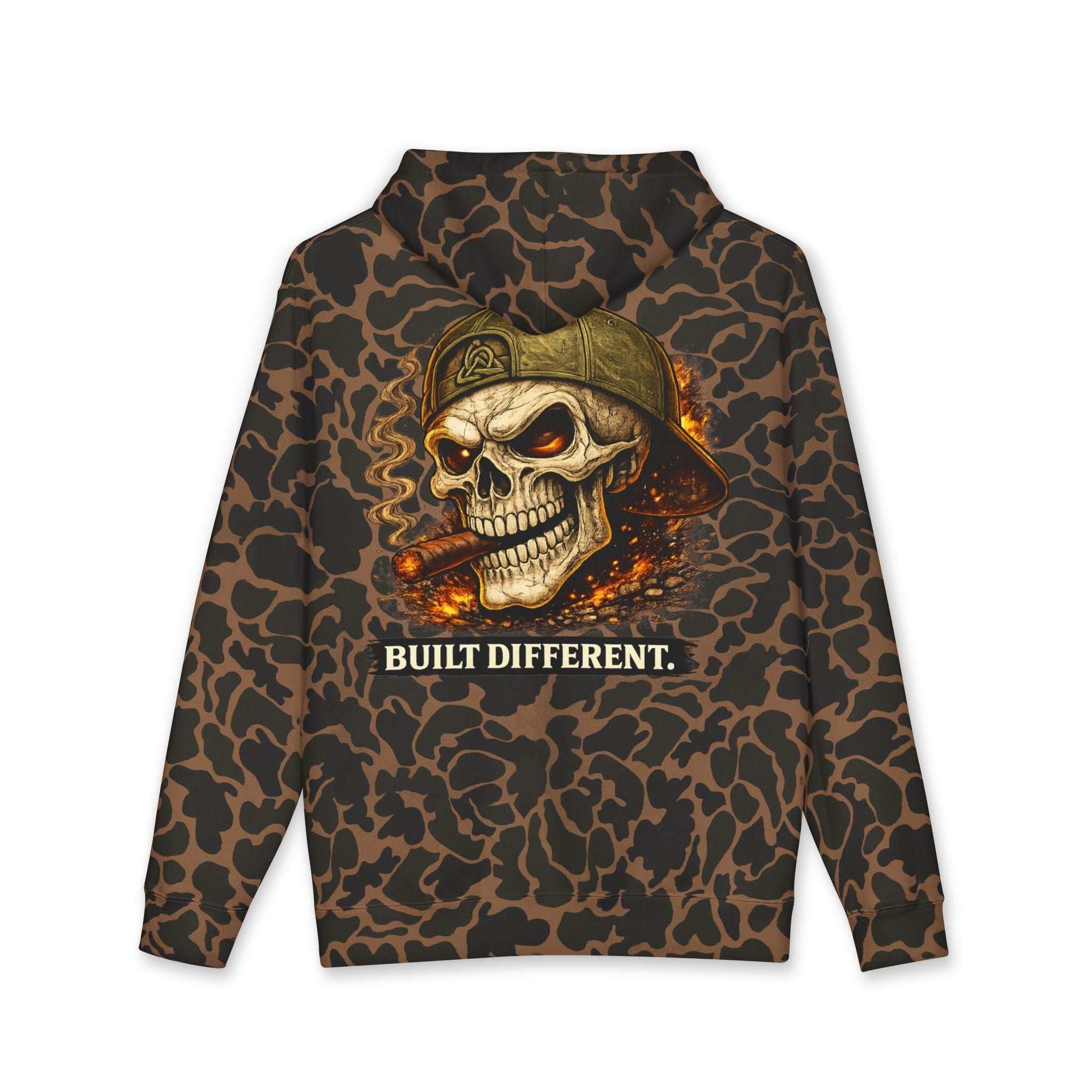 Skull Cigar Hoodie with bold skull and cigar graphic on camo pullover for men streetwear