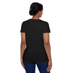 Black women's organic t-shirt made from 100% cotton, shown from the back, featuring a ribbed collar and side seams for a fitted shape.