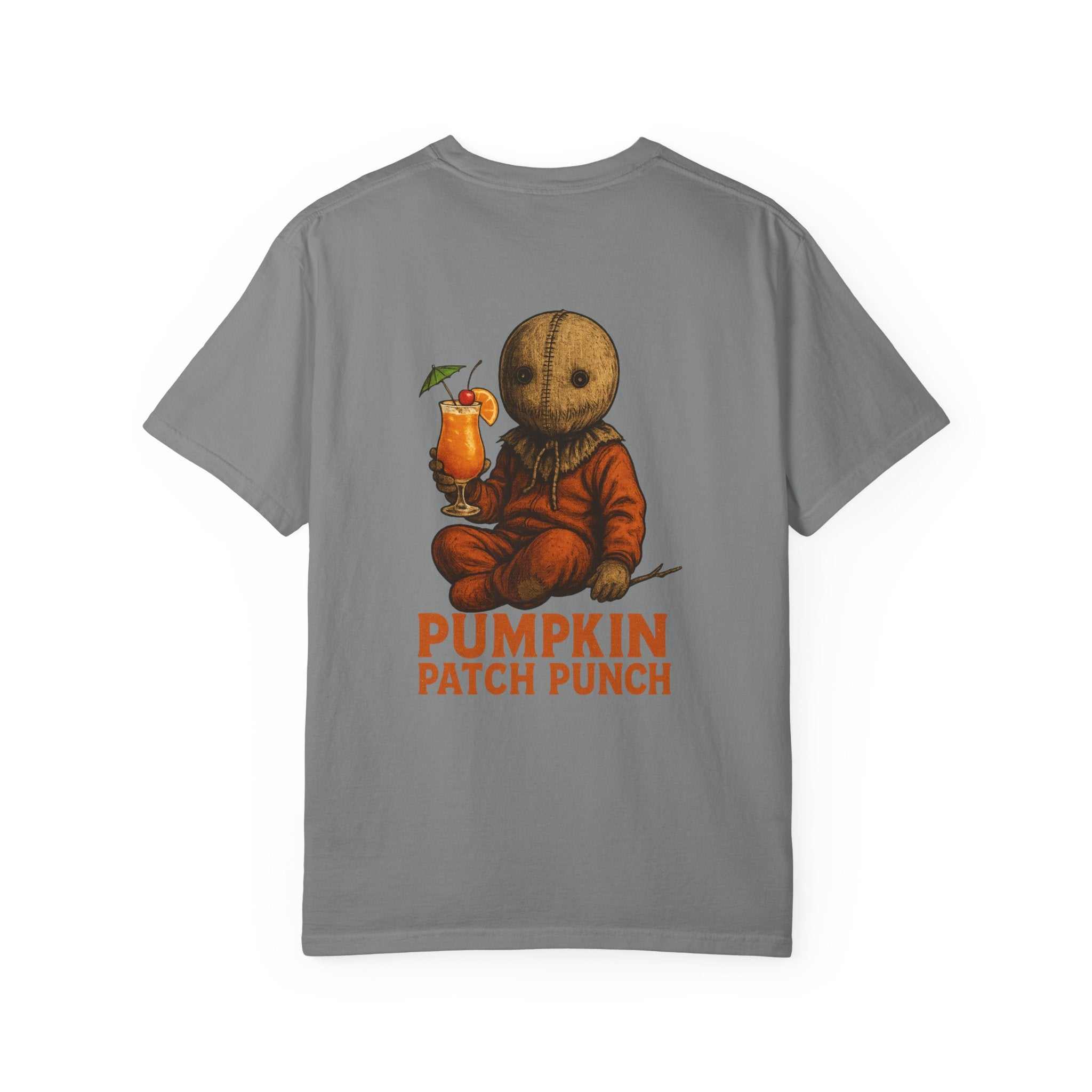 Unisex gray Spooky Pumpkin Punch T-Shirt with vintage Halloween character holding a pumpkin punch drink and "Pumpkin Patch Punch" text.