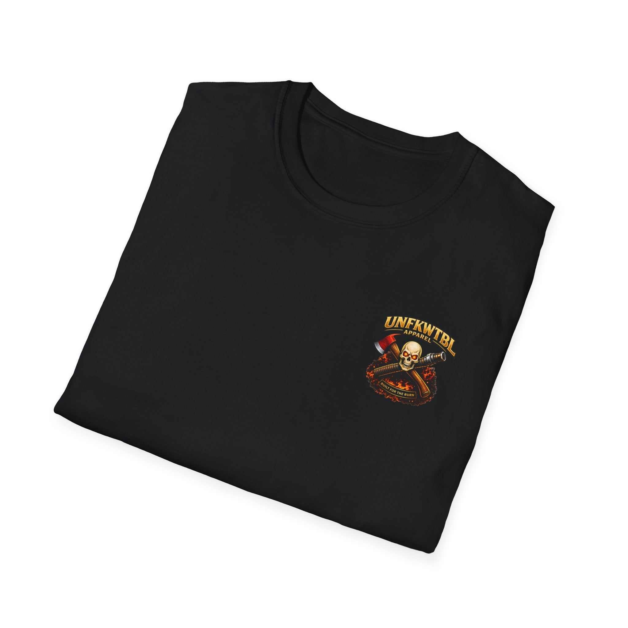 Firefighter T-shirt with "UNFKWTBL Apparel: We Handle The Hose" graphic and rescue scene print