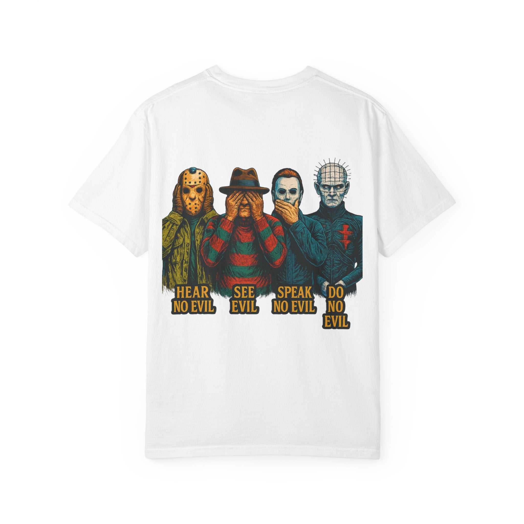 White unisex T-shirt featuring horror movie legends Jason, Freddy, Michael, and Pinhead with "Hear No Evil, See Evil, Speak No Evil, Do No Evil" text