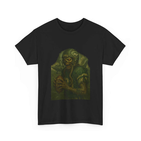 Black unisex tee shirt featuring a zombie football player graphic design