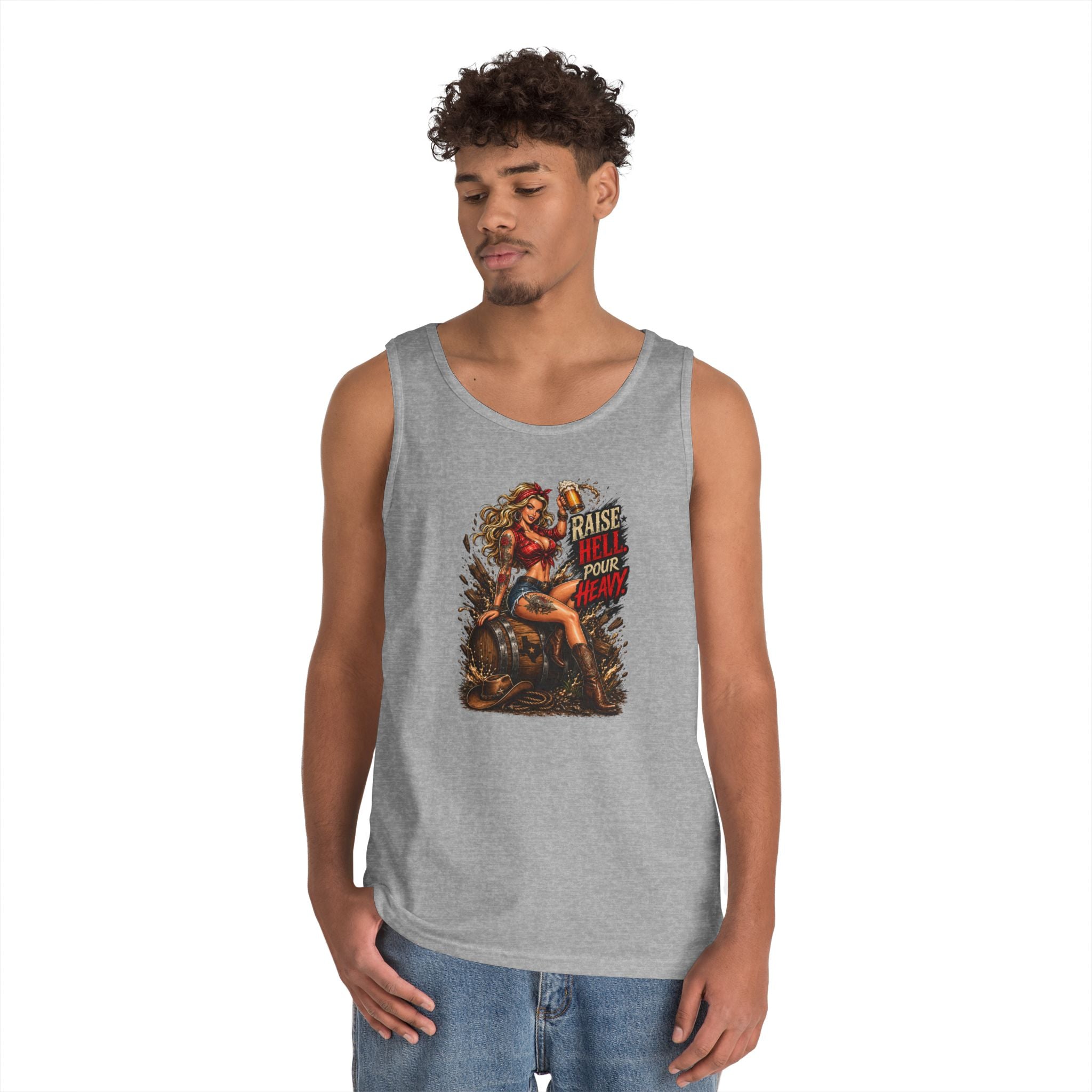Pinup Biker Tank Top – "Raise Hell, Pour Heavy" Vintage Motorcycle Graphic