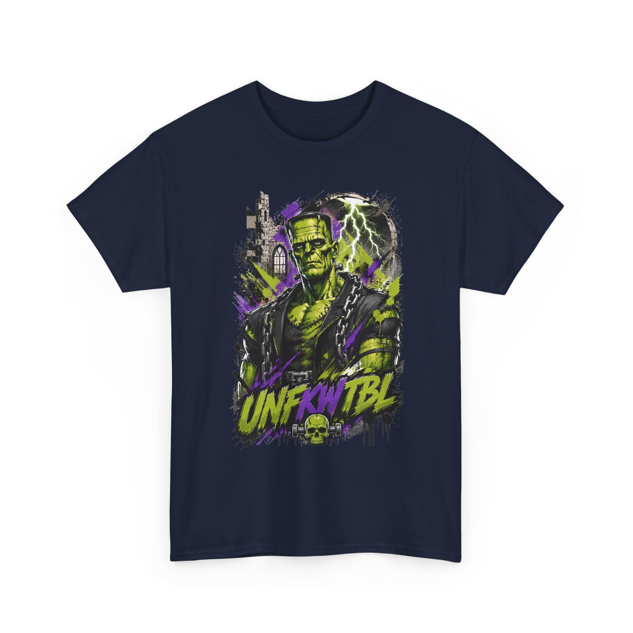 Frankenstein Monster Abstract Tee — "UNFKW TBL" Neon Horror Graphic Shirt