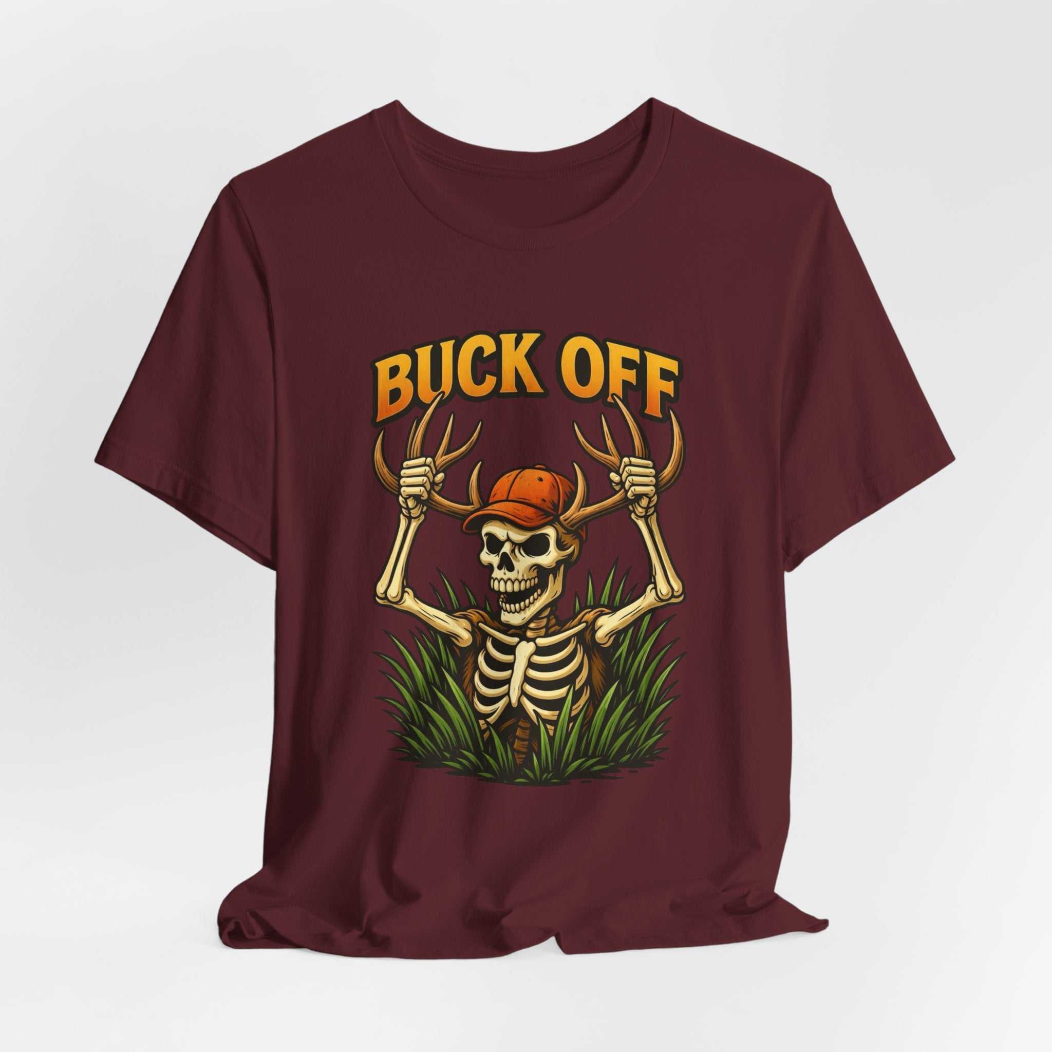 Buck Off Skeleton hunting t-shirt with grinning skeleton and camo design for outdoor enthusiasts