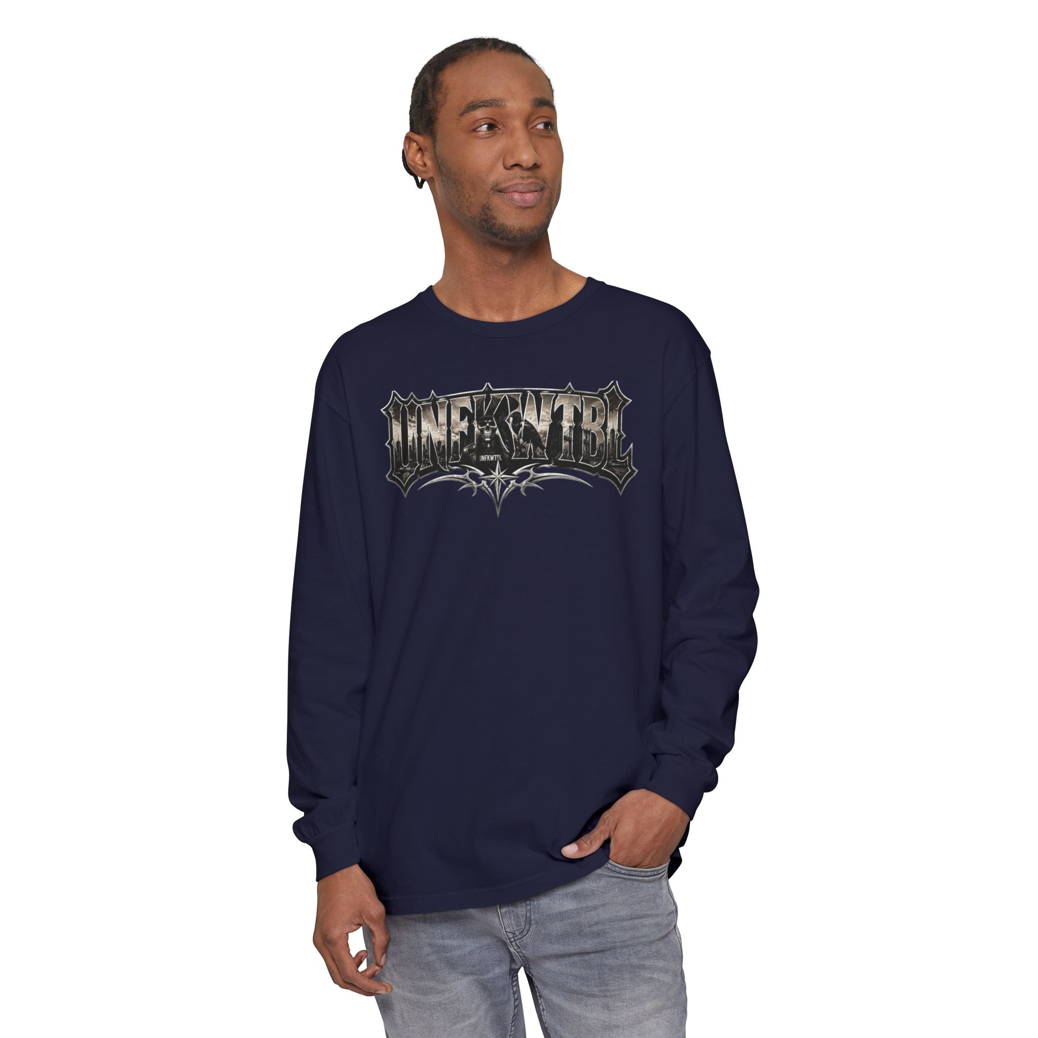Metal Logo Long Sleeve T‑Shirt — 'UNDEFEATED' Gothic Graphic