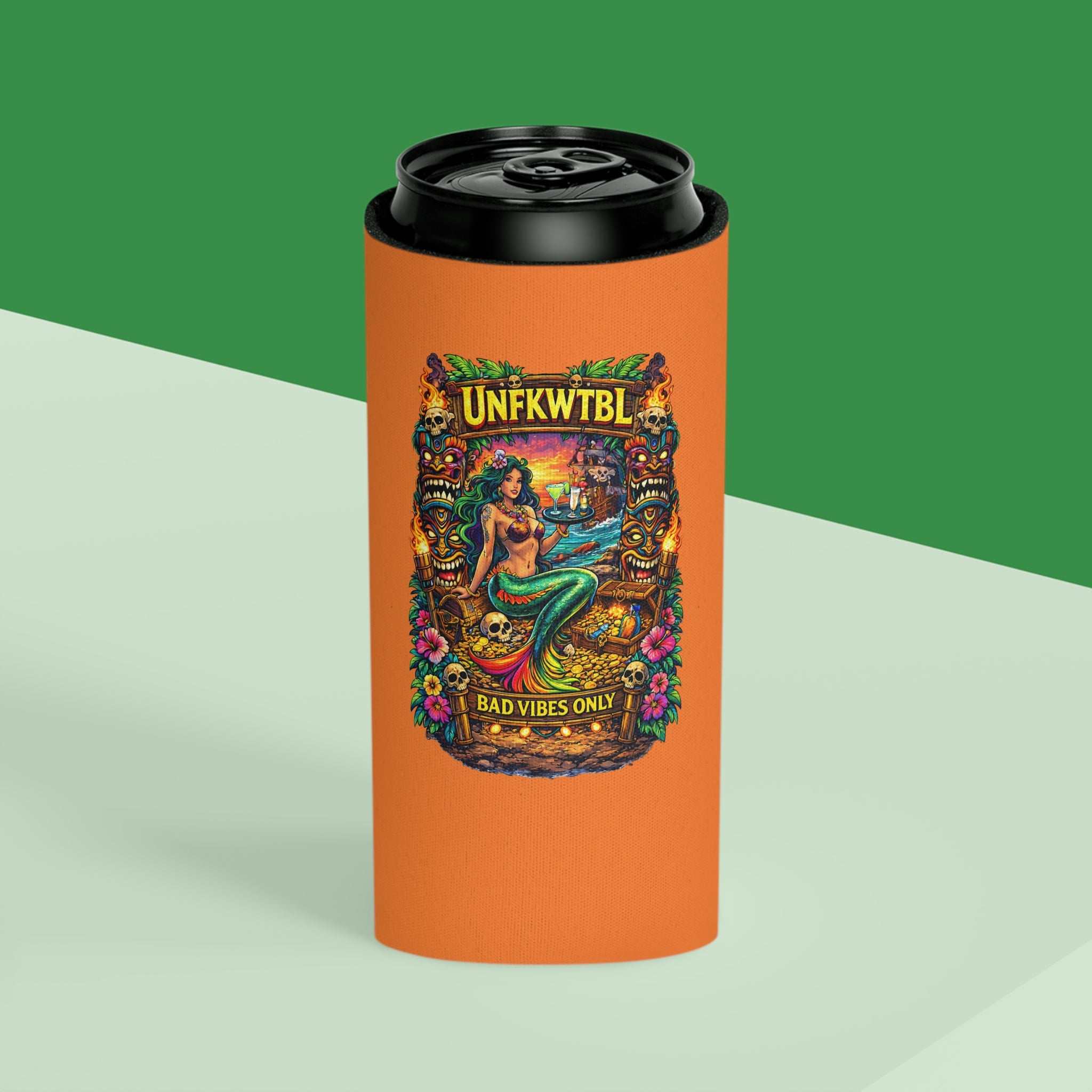 Colorful tropical mermaid can cooler with "UNFKWTBL Bad Vibes Only" and "Stay Cold" beer sleeve design