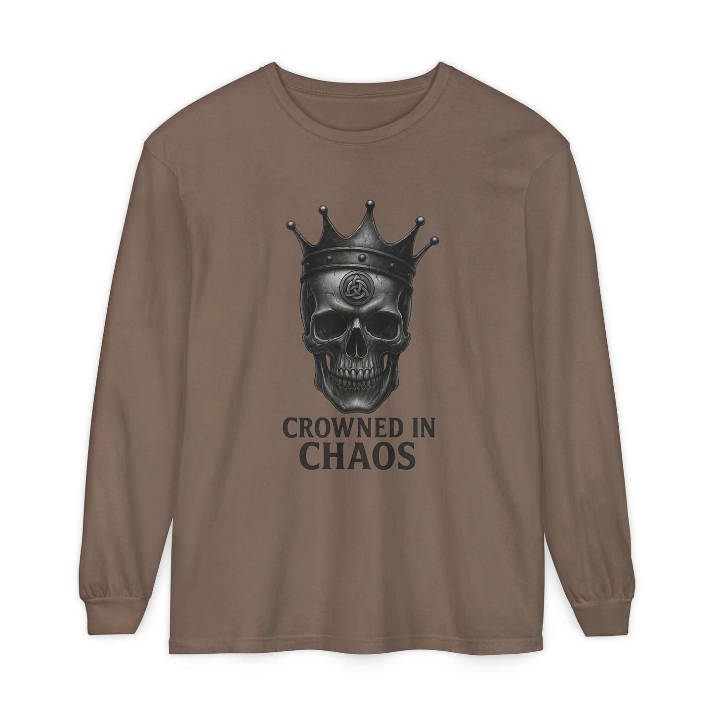 Brown long sleeve t-shirt with crowned skull graphic and "Crowned in Chaos" text