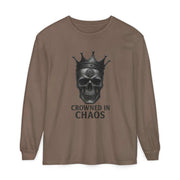 Brown long sleeve t-shirt with crowned skull graphic and "Crowned in Chaos" text
