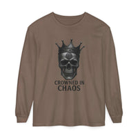 Brown long sleeve t-shirt with crowned skull graphic and "Crowned in Chaos" text