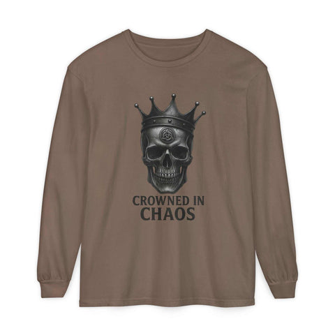 Brown long sleeve t-shirt with crowned skull graphic and "Crowned in Chaos" text