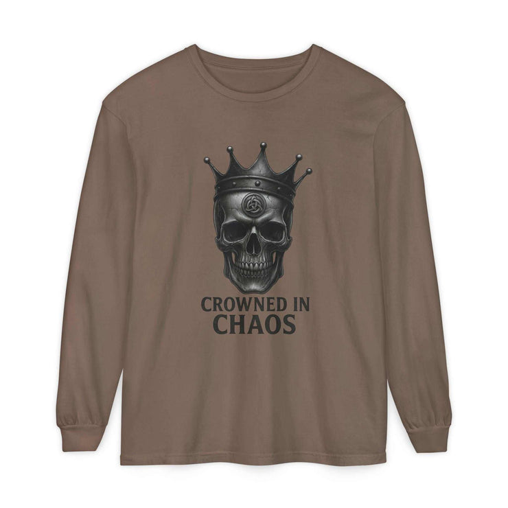 Brown long sleeve t-shirt with crowned skull graphic and "Crowned in Chaos" text