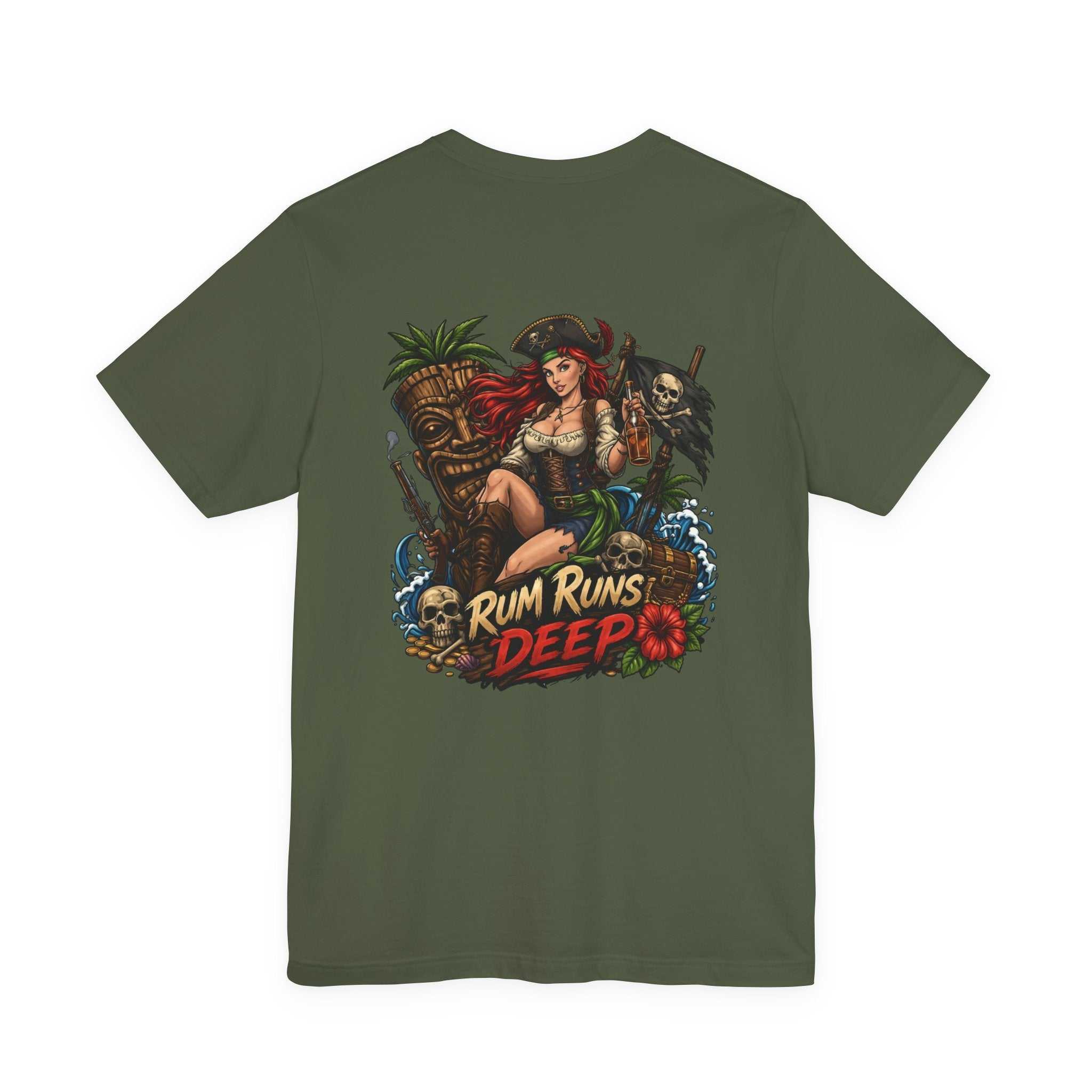 Rum Runs Deep pirate pinup T-shirt with vibrant island and pirate emblem design on breathable cotton