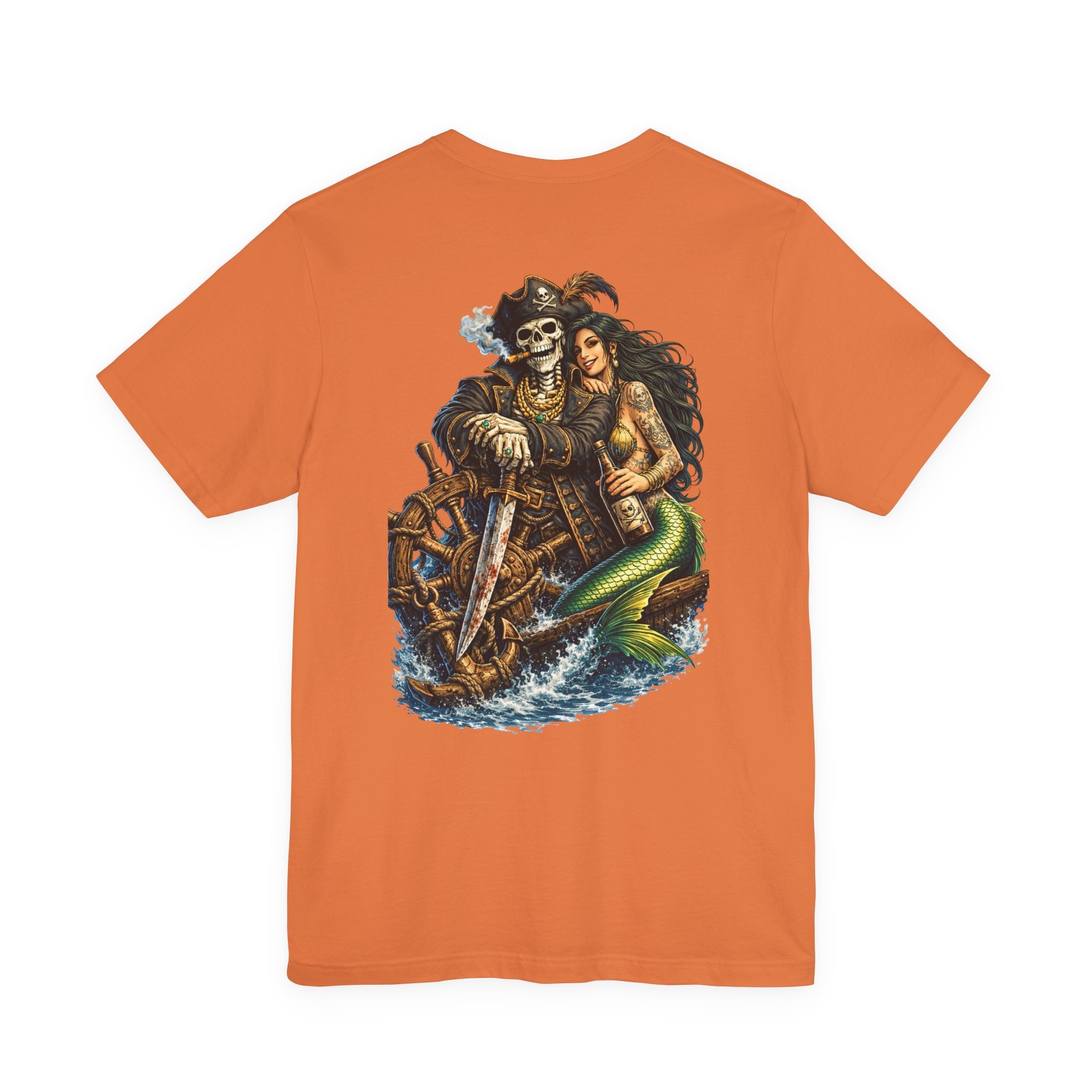 Pirate Skeleton & Mermaid Graphic Tee — Nautical Skull Crew Neck Shirt
