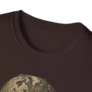 Close-up of brown Atlas Strength Unisex Softstyle T-shirt with bold graphic design and crew neckline