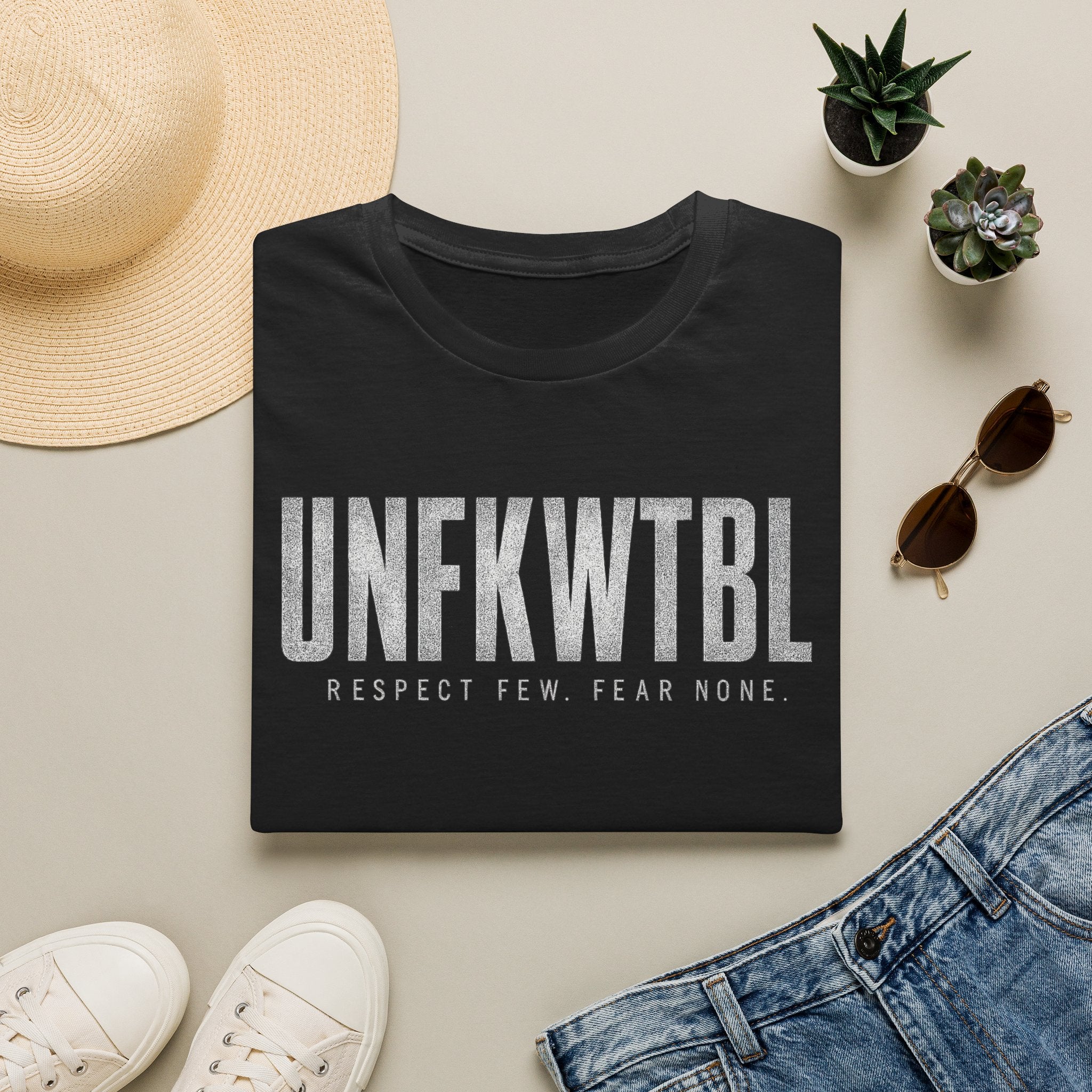 UNFKWTBL T-Shirt — "Respect Few. Fear None." Bold Distressed Graphic Tee With Distressed Black Flag