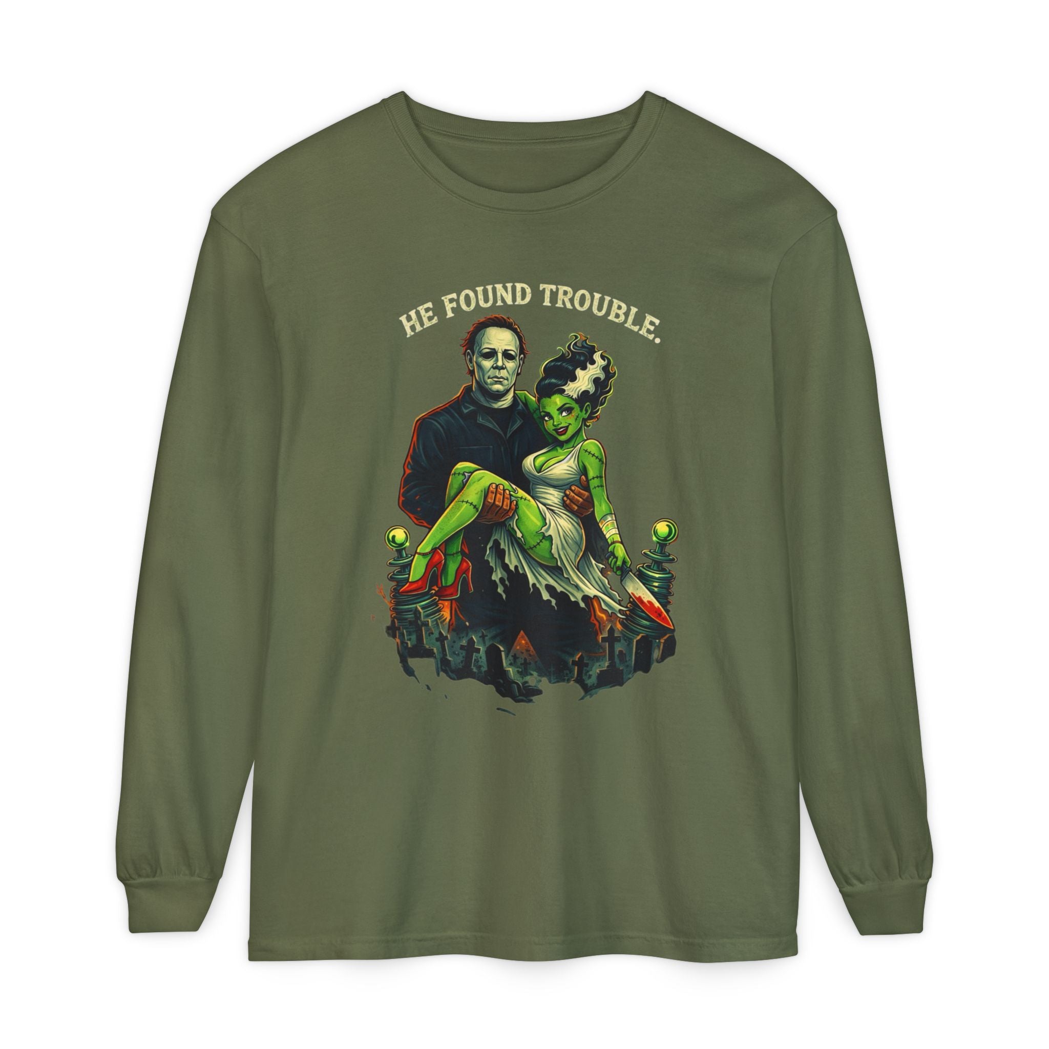 He Found Trouble Long Sleeve T‑Shirt — Retro Frankenstein & Bride Graphic