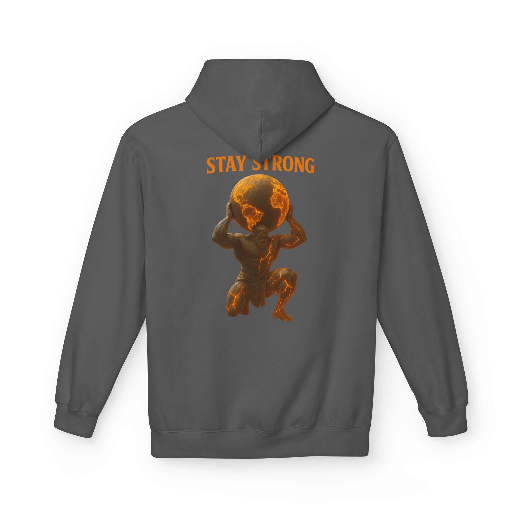 Stay Strong Atlas Hoodie front view with Atlas graphic and pouch pocket, cozy fall winter pullover with 2-piece hood and dropped shoulders